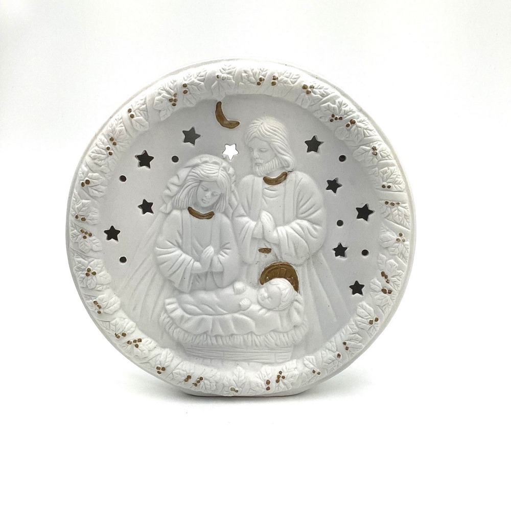 White Ceramic Nativity Scene Round Plaque with Stars and Moon‎ Decor